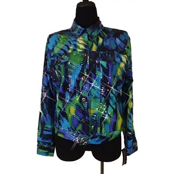 Notations Women’s Blue and Green Square Print Shiny Button Up Jacket Size XL - Picture 2 of 9